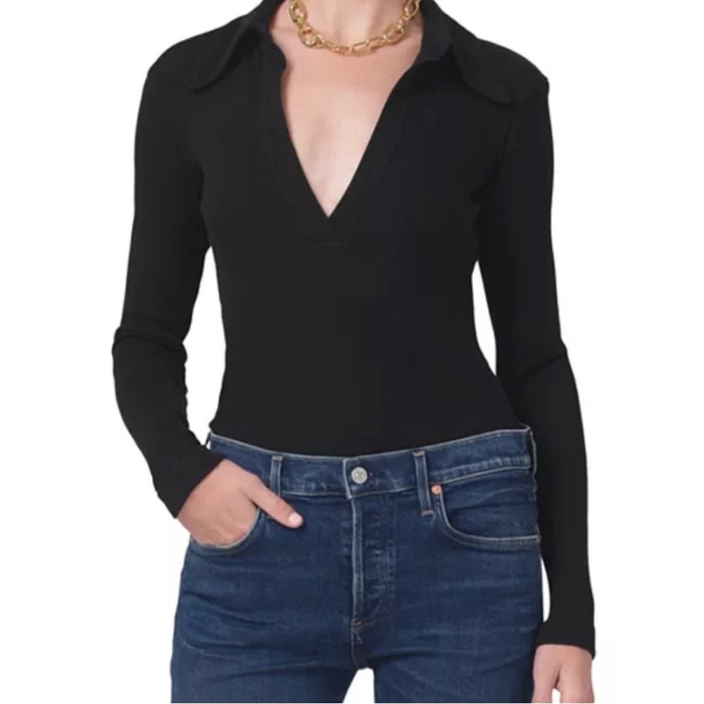Citizens Of Humanity Black Ribbed Bodysuit with Notched Collar